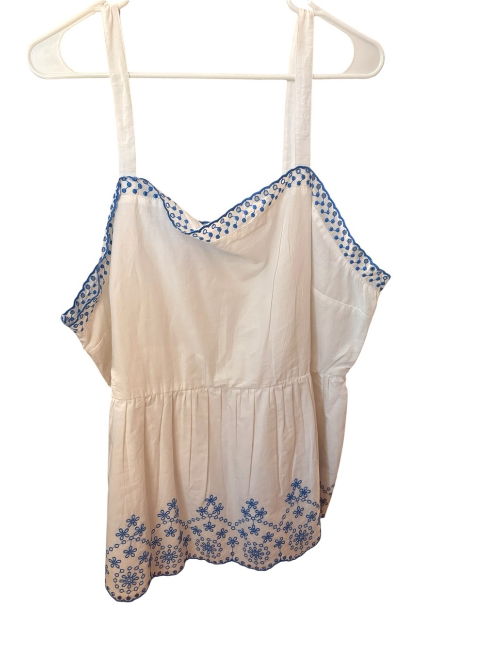Lane Bryant White Cotton Eyelet Sleeveless Top with Blue Embroidery
